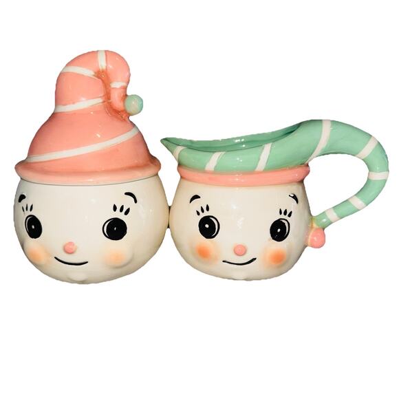SET Johanna Parker KITSCH Pink Christmas Cream Sugar Bowl Creamer Pixie Elf - Picture 1 of 4